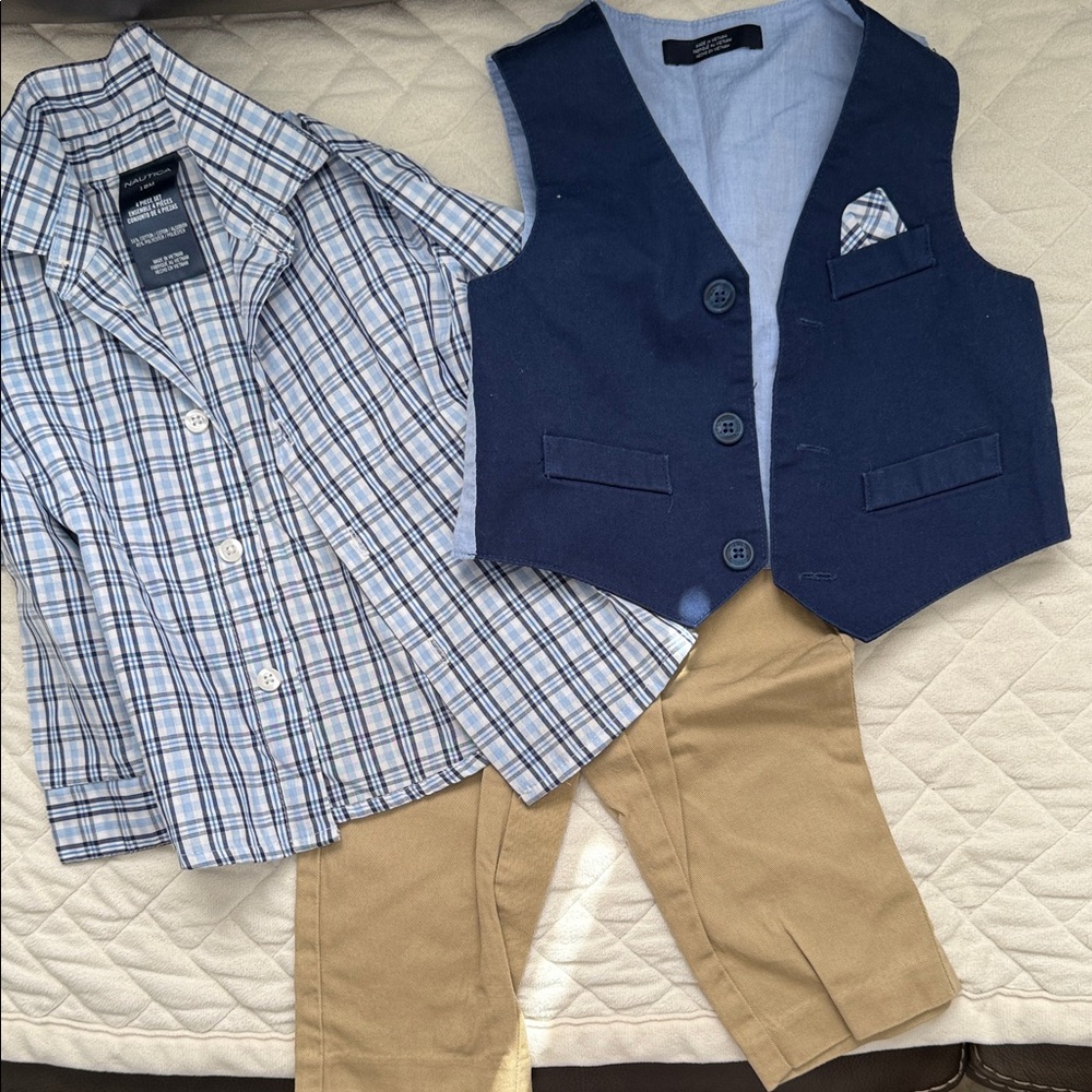Nautica Boys Blue Plaid Shirt Navy Vest and Khaki Pants Matching Set